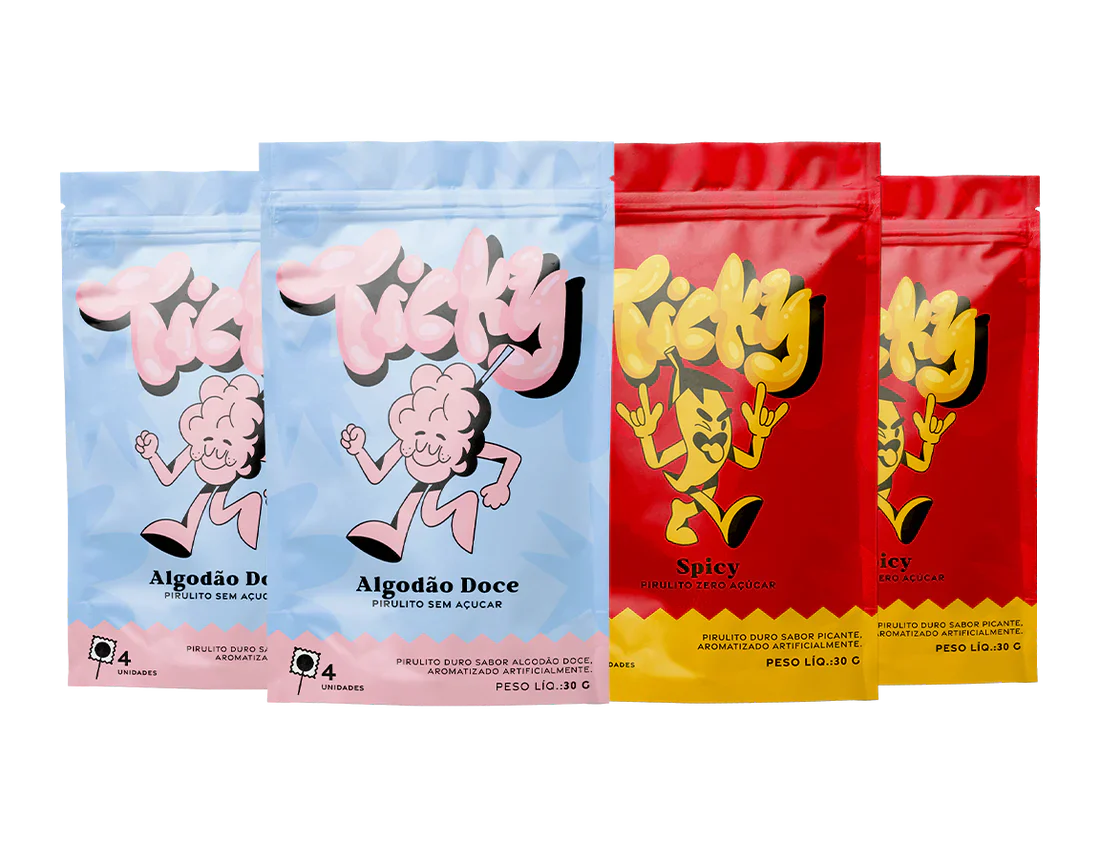 Pirulito Zero Açúcar - Mix (Algodão Doce e Spicy) - Pack 4 Pouches (16 Unidades)