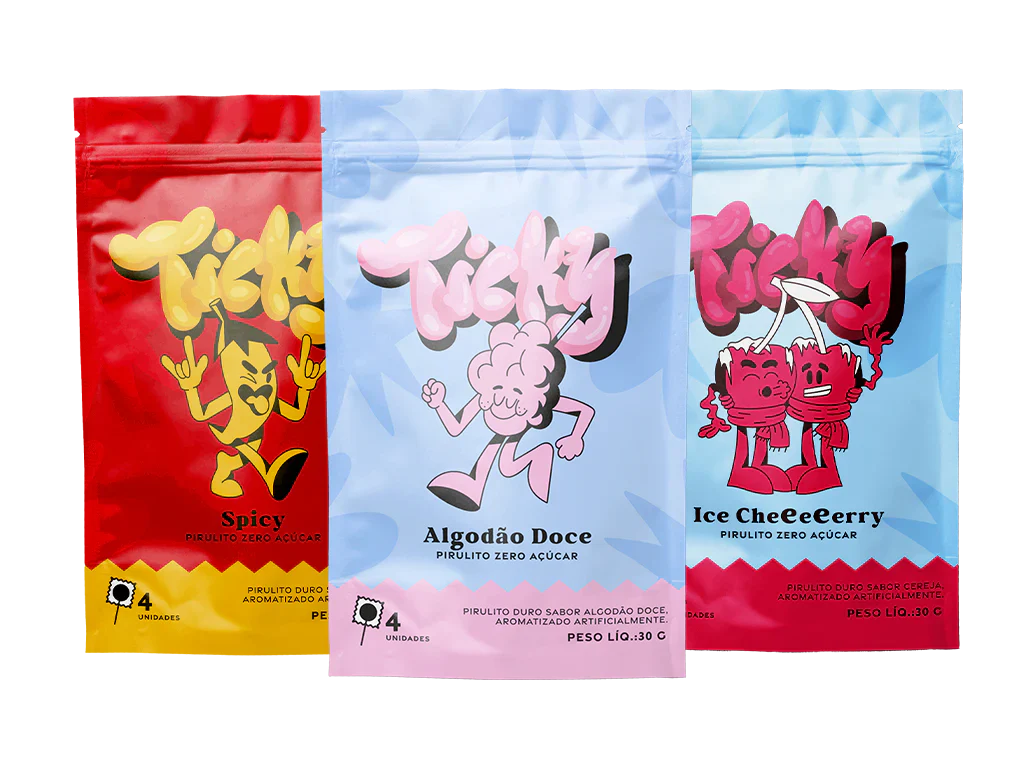Pirulito Zero Açúcar - Mix (Algodão Doce, Cherry e Spicy) - Pack 3 Pouches (12 Unidades)