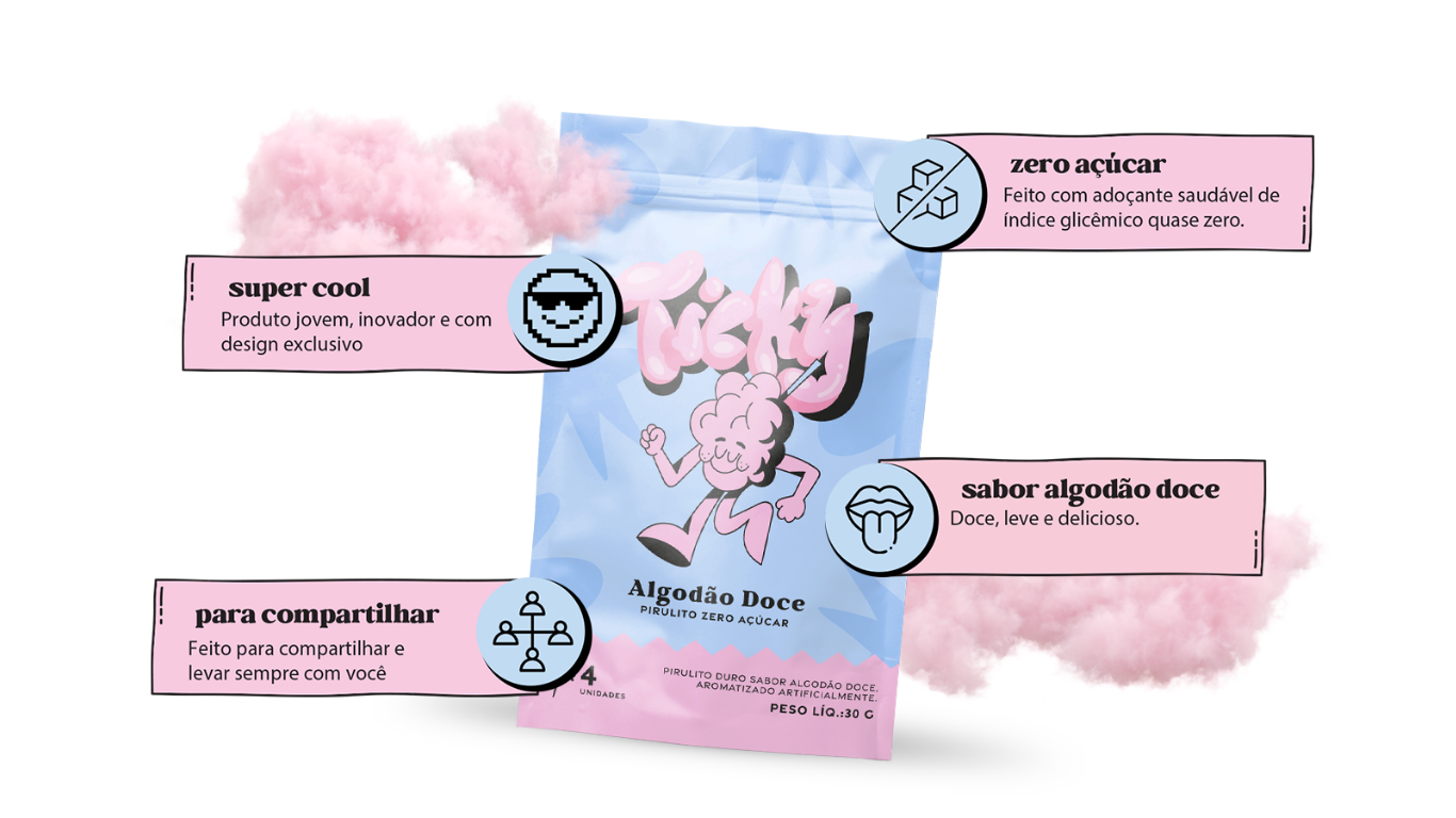Pirulito Zero Açúcar - Sabor Algodão Doce - Pack 8 Pouches (32 Unidades)