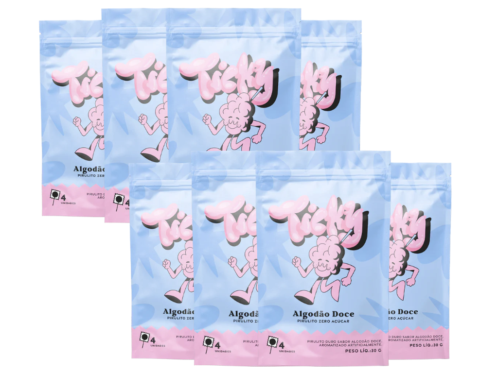 Pirulito Zero Açúcar - Sabor Algodão Doce - Pack 8 Pouches (32 Unidades)