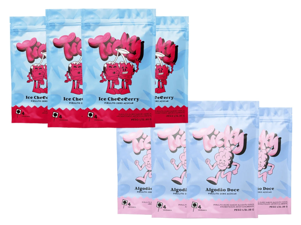 Pirulito Zero Açúcar - Mix (Algodão Doce e Cherry ) - Pack 8 Pouches (32 Unidades)